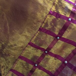 Sheer Gold with Burgundy Stripes and Rhinestones, Tissue Organza, 80" x 59"